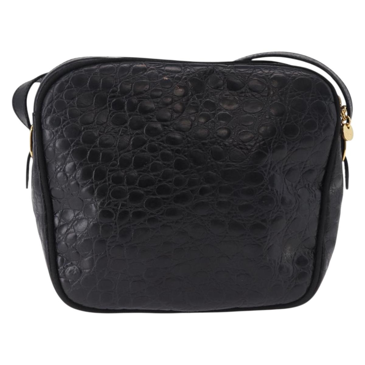 Salvatore Ferragamo Vala Shoulder Bag Leather Embossed Black Gold Auth ka5282