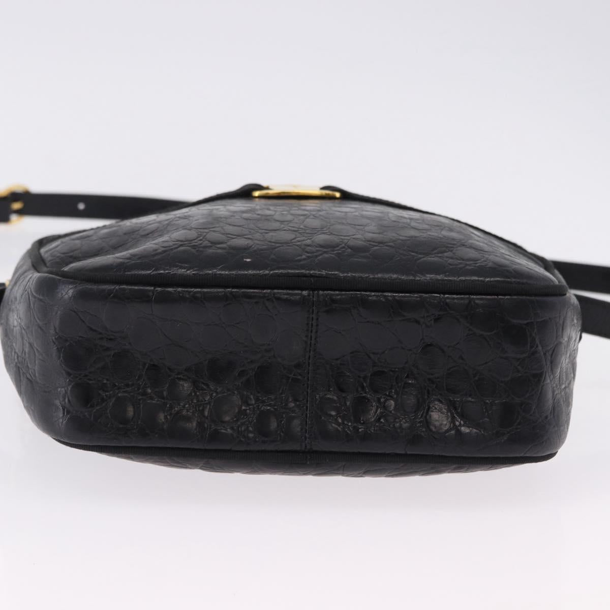 Salvatore Ferragamo Vala Shoulder Bag Leather Embossed Black Gold Auth ka5282