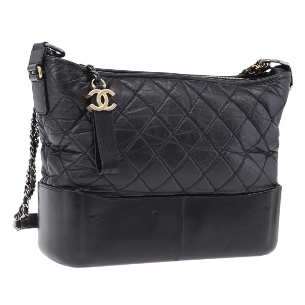 CHANEL Matelasse Gabrielle Deux Bag Lamb Skin Black Gold CC Auth ka5287V