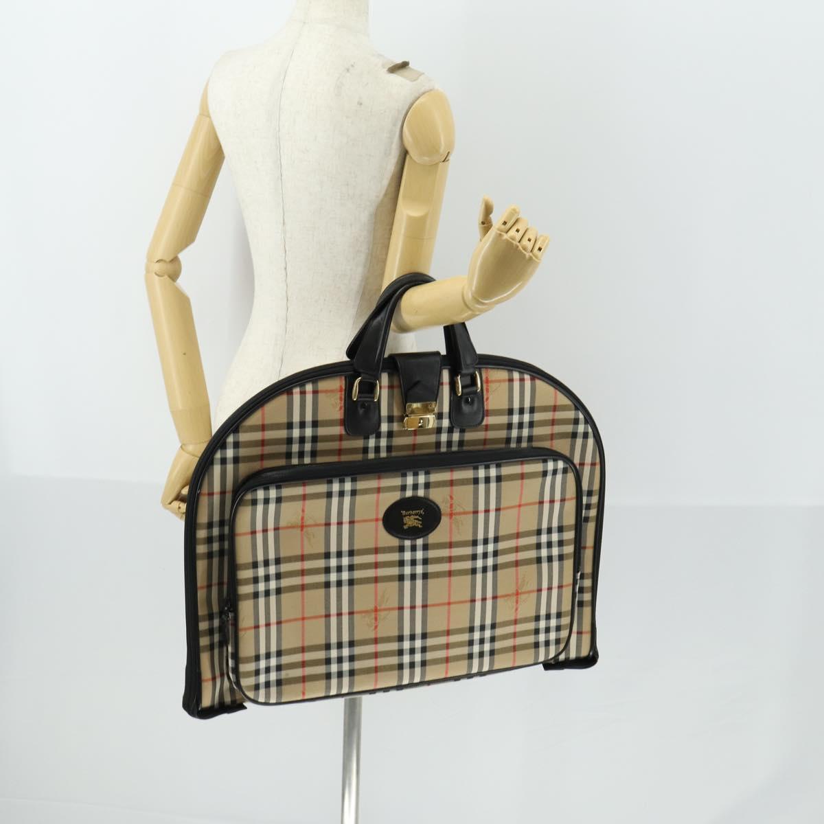 Burberrys Nova Check Garment Cover Canvas Leather Beige Gold Auth ka529