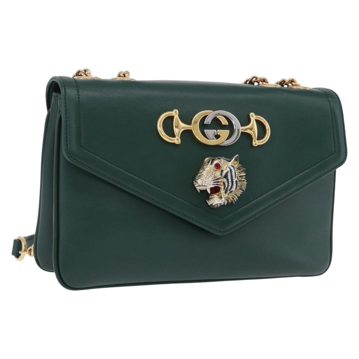 GUCCI Rajah Chain Shoulder Bag Leather Green Gold 537241 Auth ka5294M