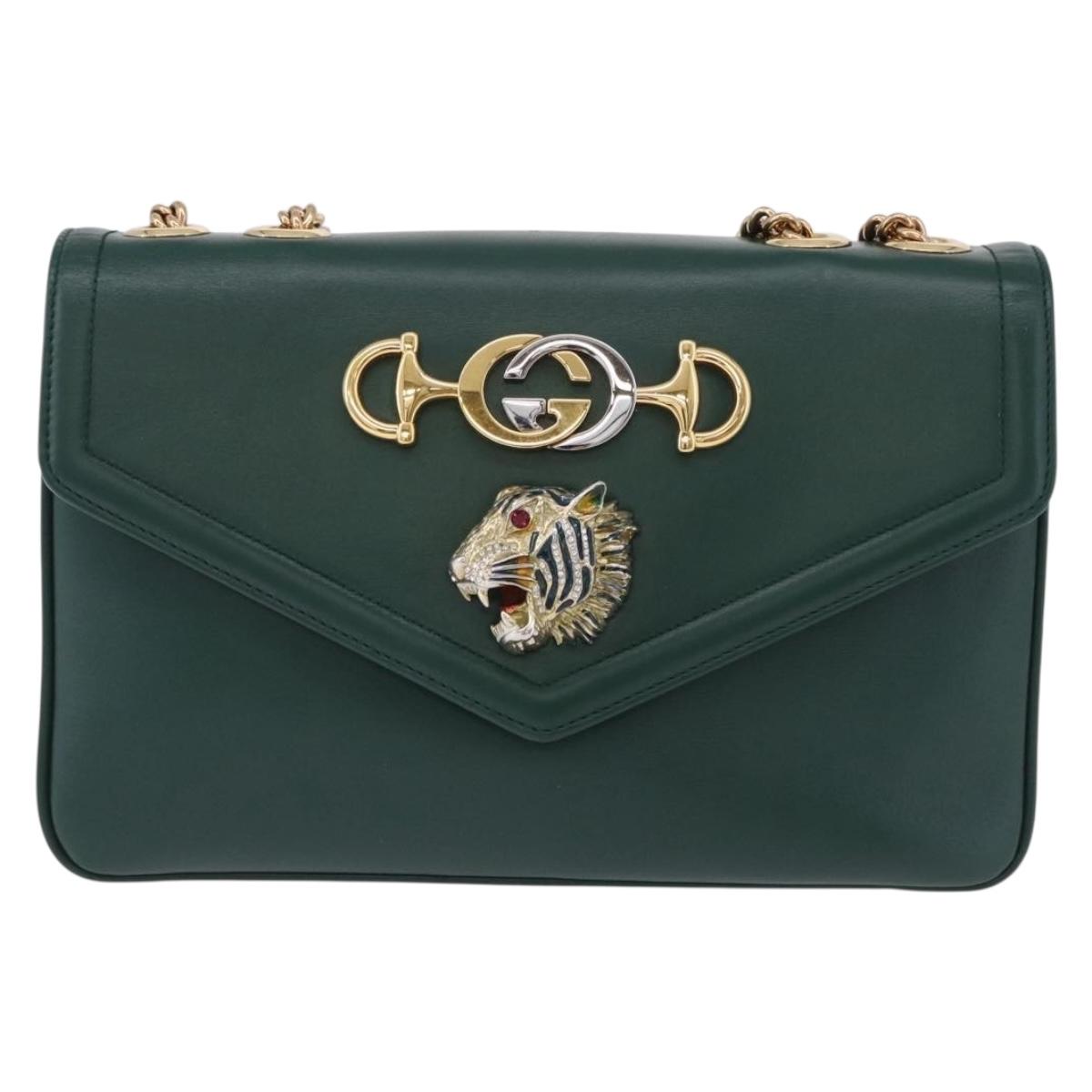 GUCCI Rajah Chain Shoulder Bag Leather Green Gold 537241 Auth ka5294M