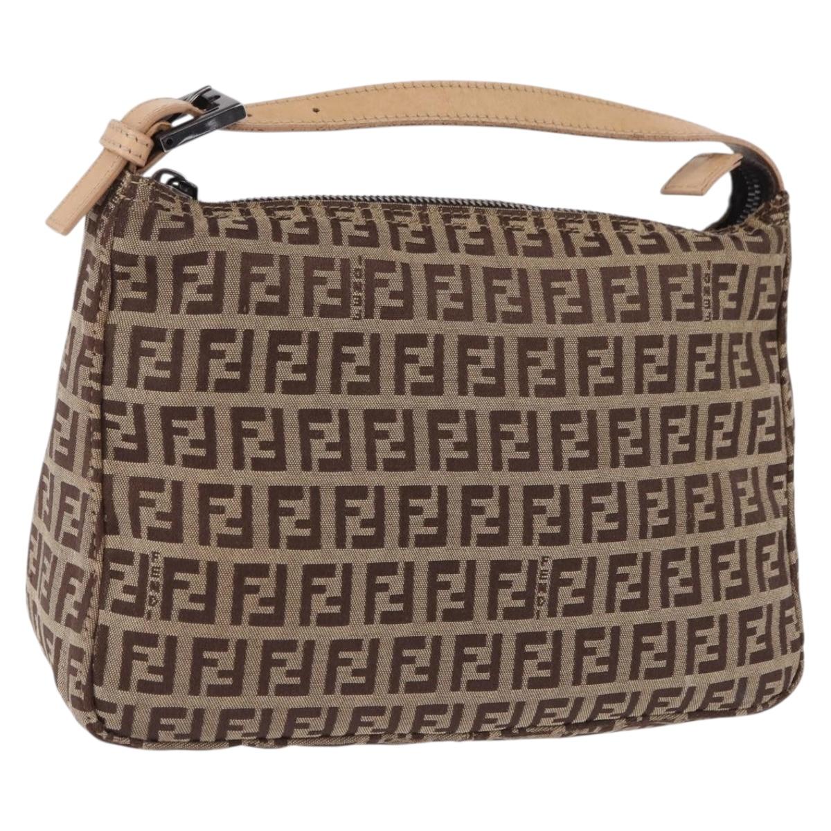 FENDI Zucchino Canvas Hand Pouch Beige Silver Auth ka5296A