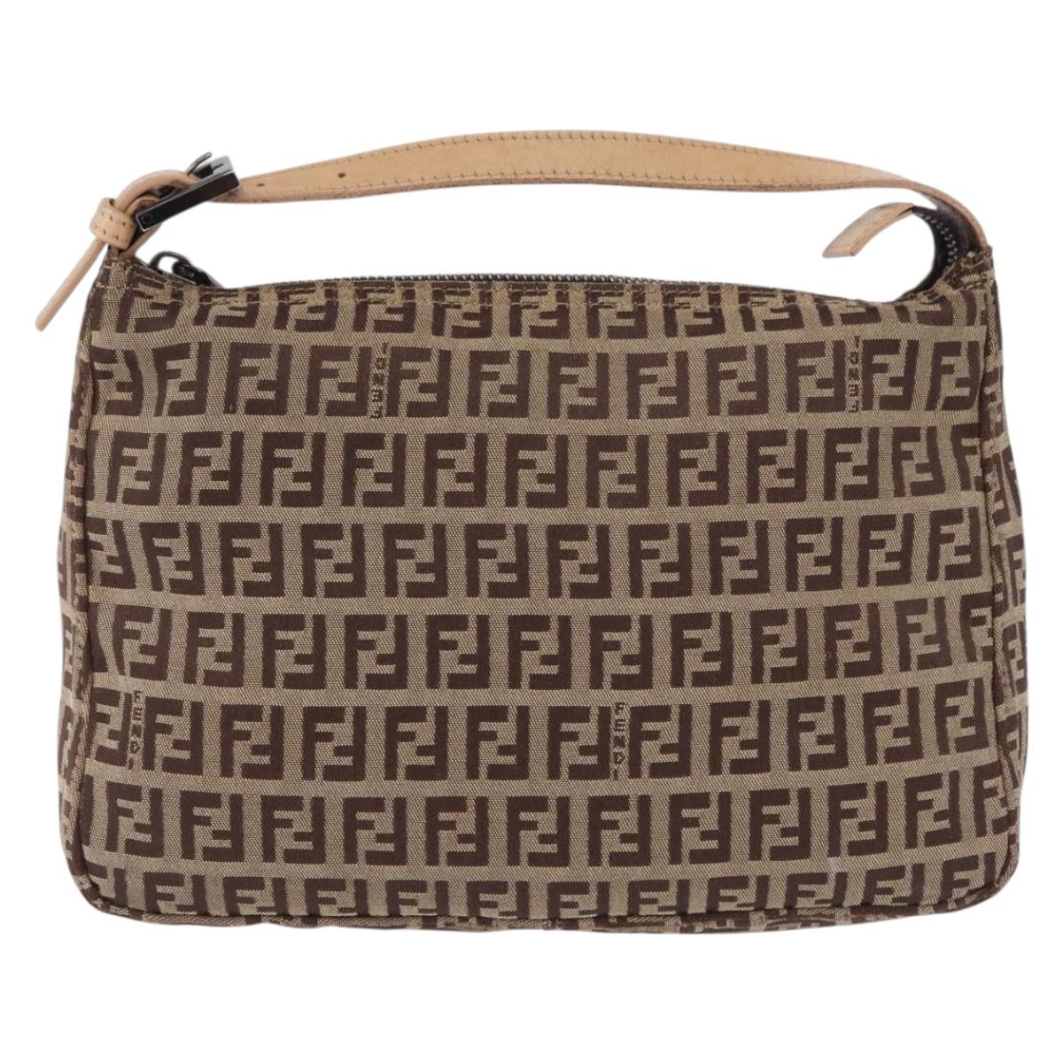 FENDI Zucchino Canvas Hand Pouch Beige Silver Auth ka5296A