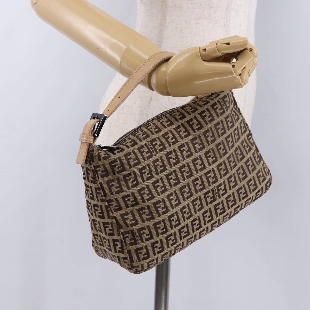 FENDI Zucchino Canvas Hand Pouch Beige Silver Auth ka5296A
