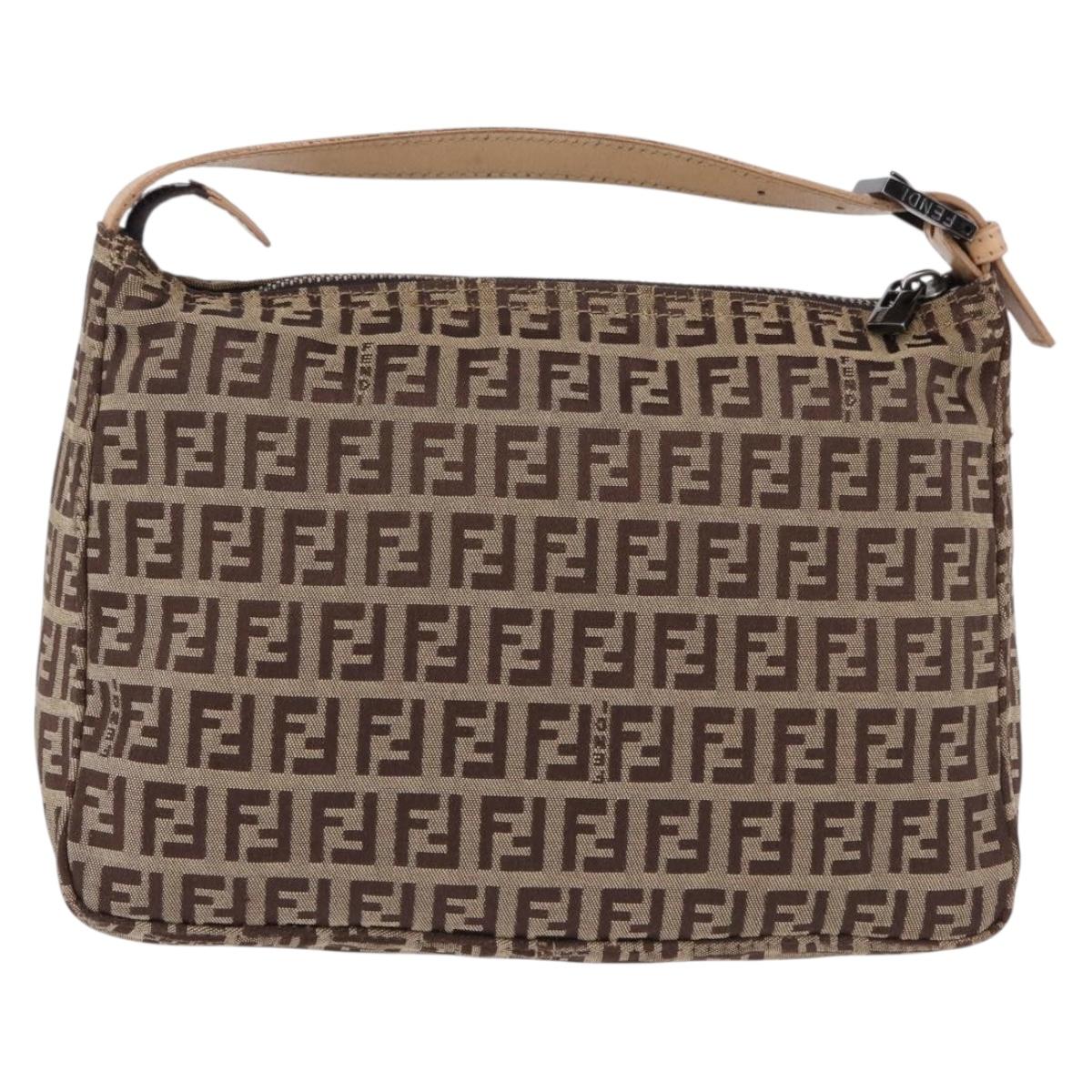 FENDI Zucchino Canvas Hand Pouch Beige Silver Auth ka5296A