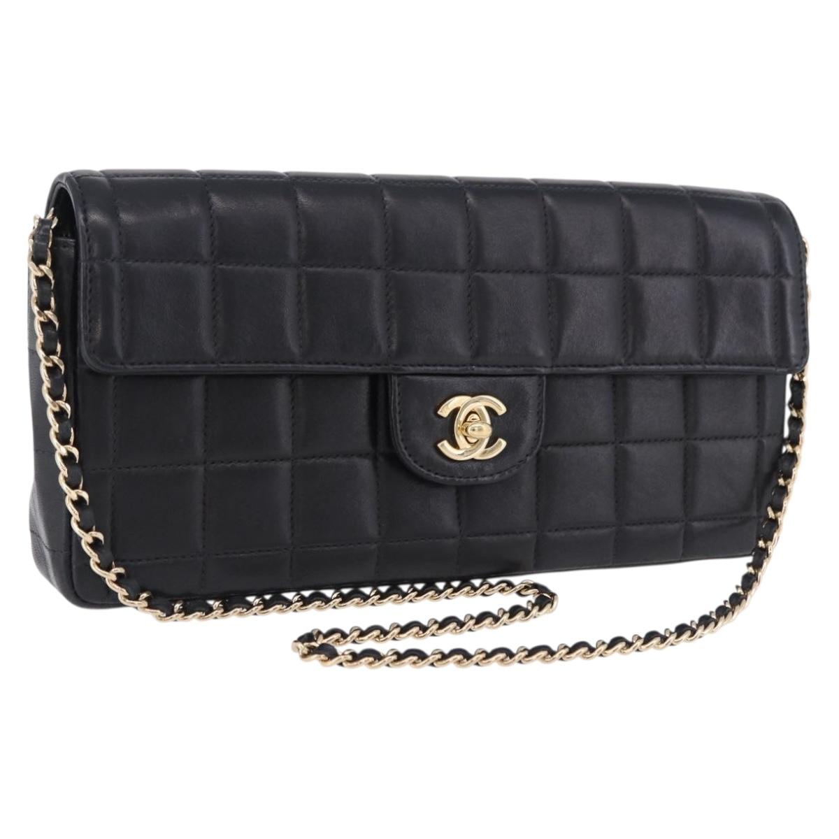 CHANEL Choco Bar Line Chain Shoulder Bag Leather Black Gold CC Auth ka5317V
