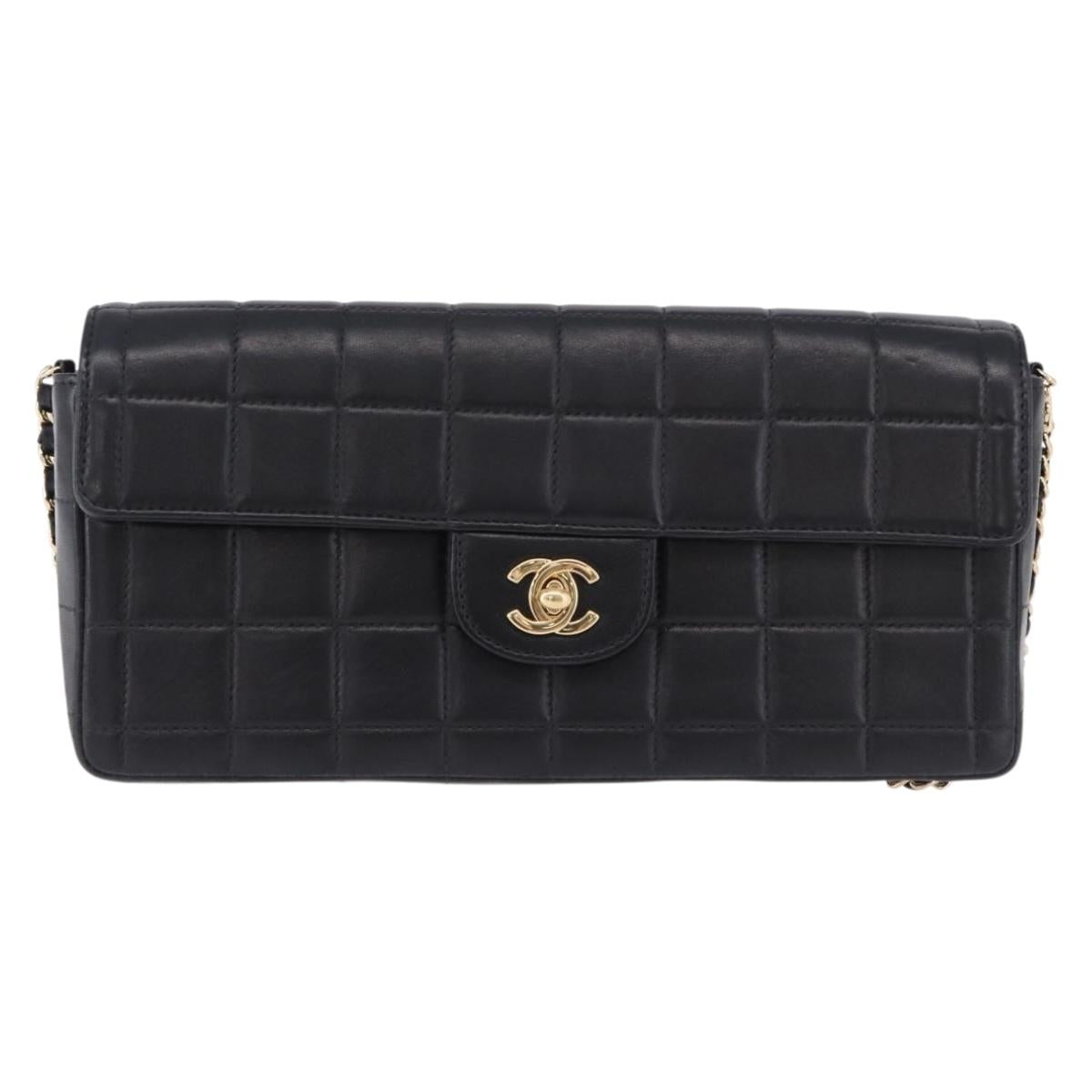 CHANEL Choco Bar Line Chain Shoulder Bag Leather Black Gold CC Auth ka5317V