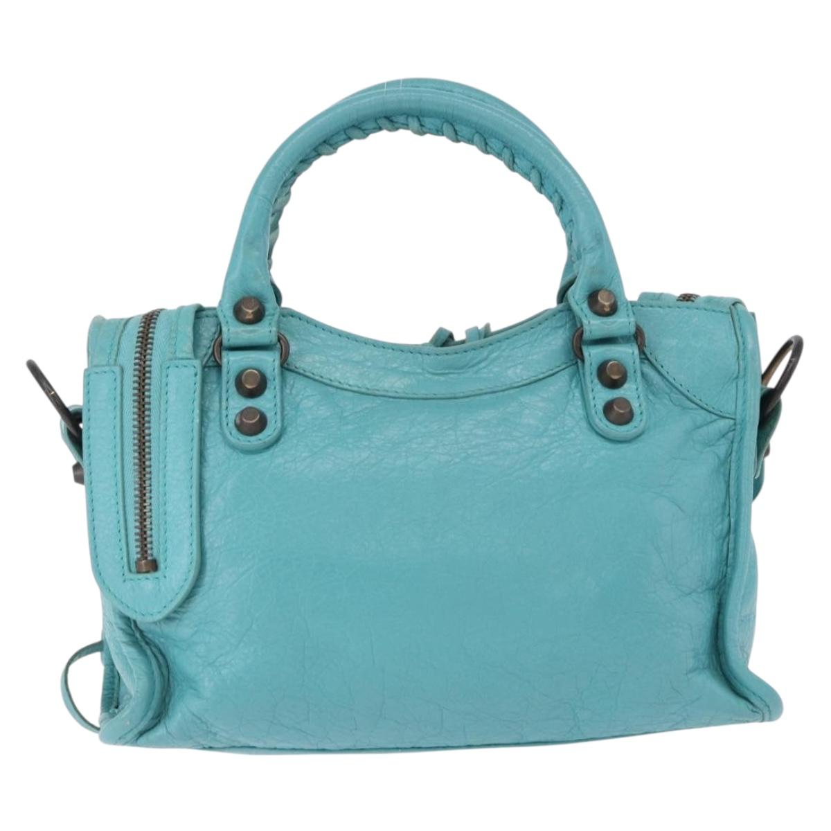 BALENCIAGA Classic Mini City Bag Leather 2way Turquoise Blue 300295 Auth ka5318M