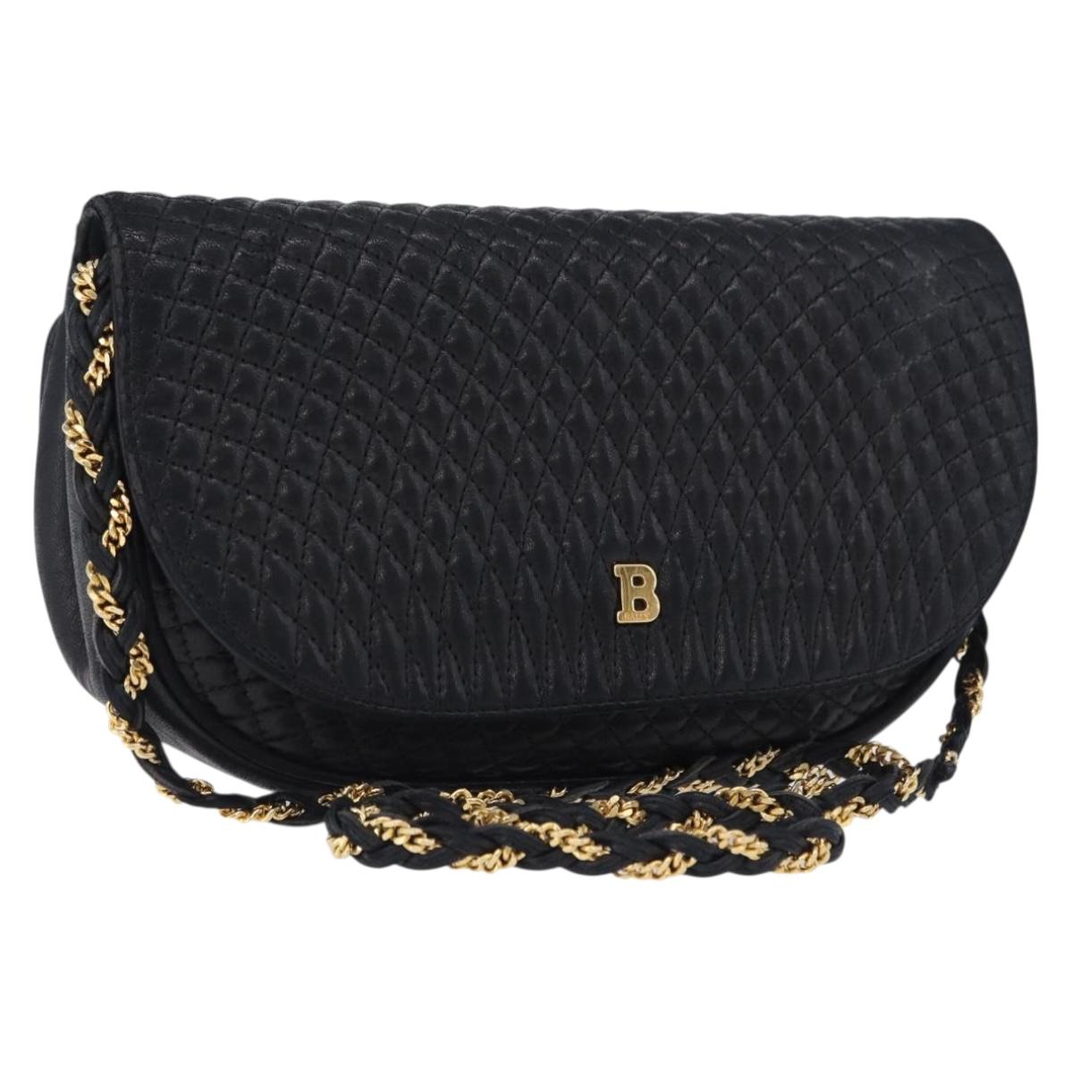 BALLY Chain Shoulder Bag Leather Black Gold Tone Auth ka5331