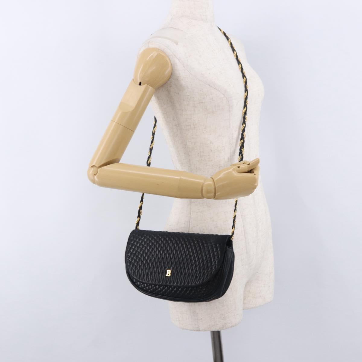 BALLY Chain Shoulder Bag Leather Black Gold Tone Auth ka5331