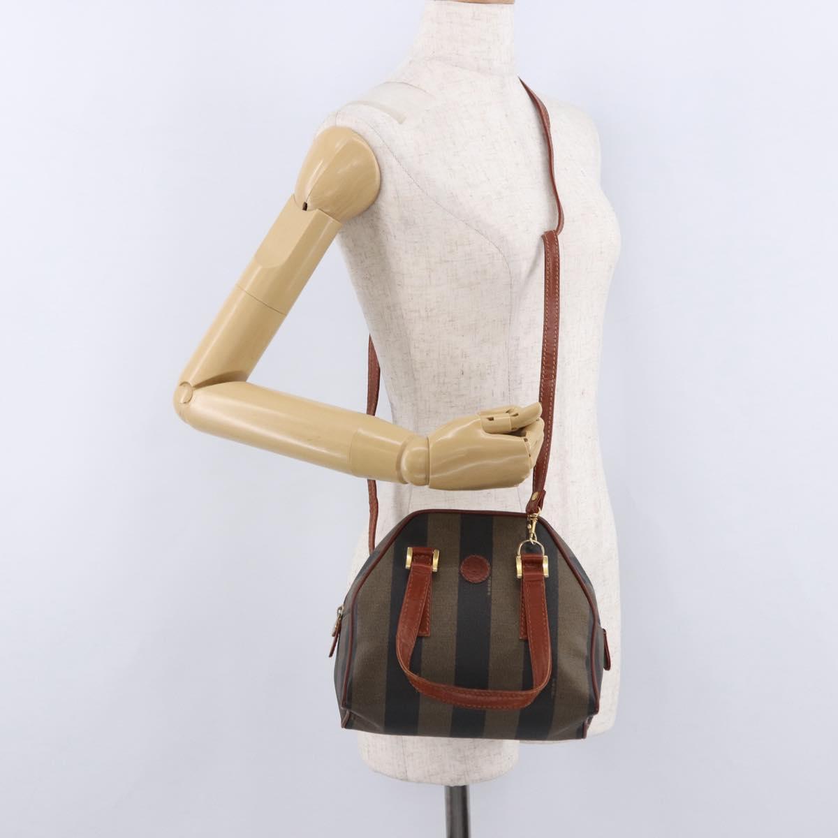 FENDI Pecan Hand Bag PVC Leather 2way Black Brown Auth ka5337A