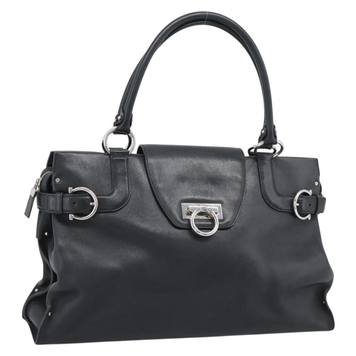 Salvatore Ferragamo Gancini Tote Bag Leather Black Silver Auth ka5338A