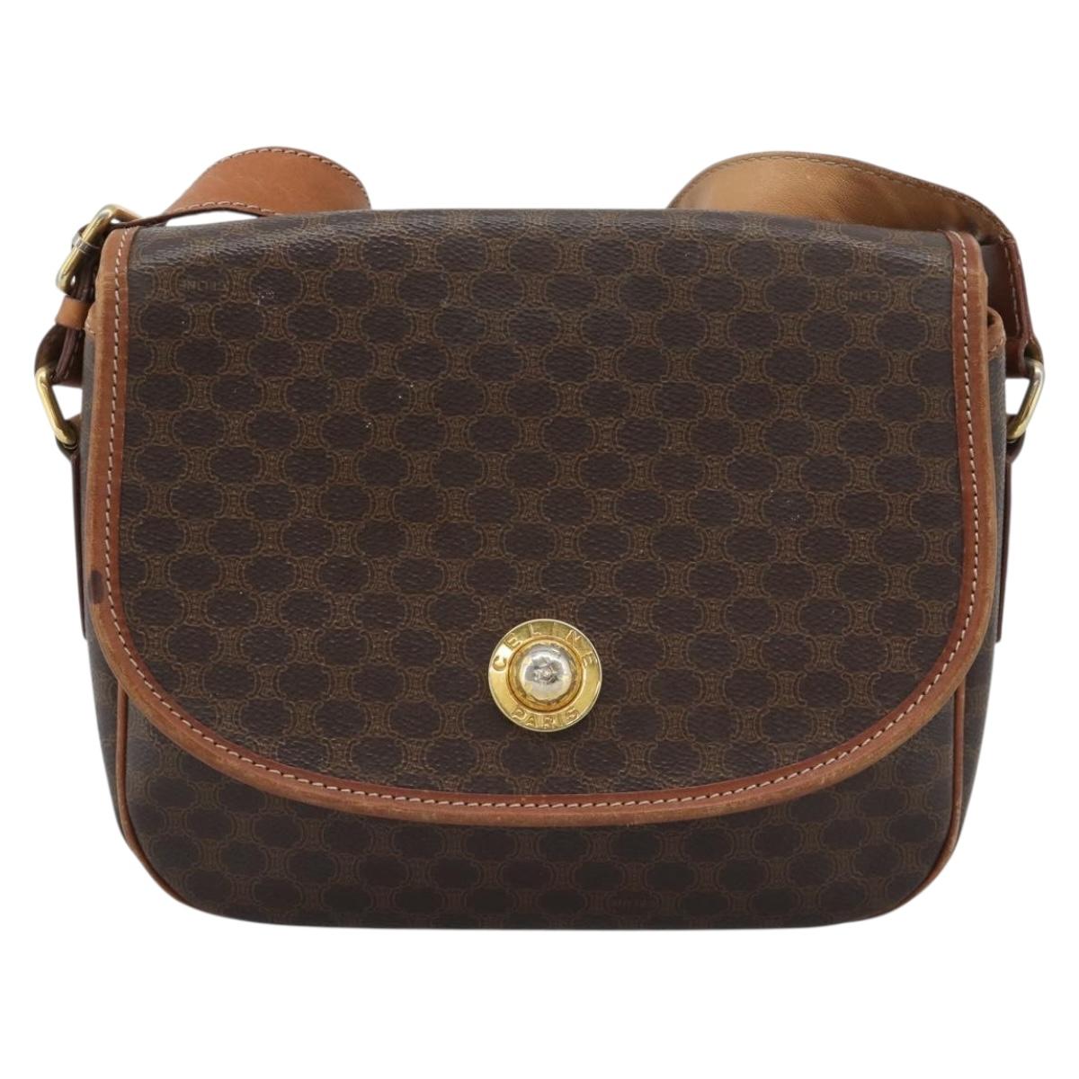 CELINE Macadam Shoulder Bag PVC Leather Brown Gold Tone Auth ka5340