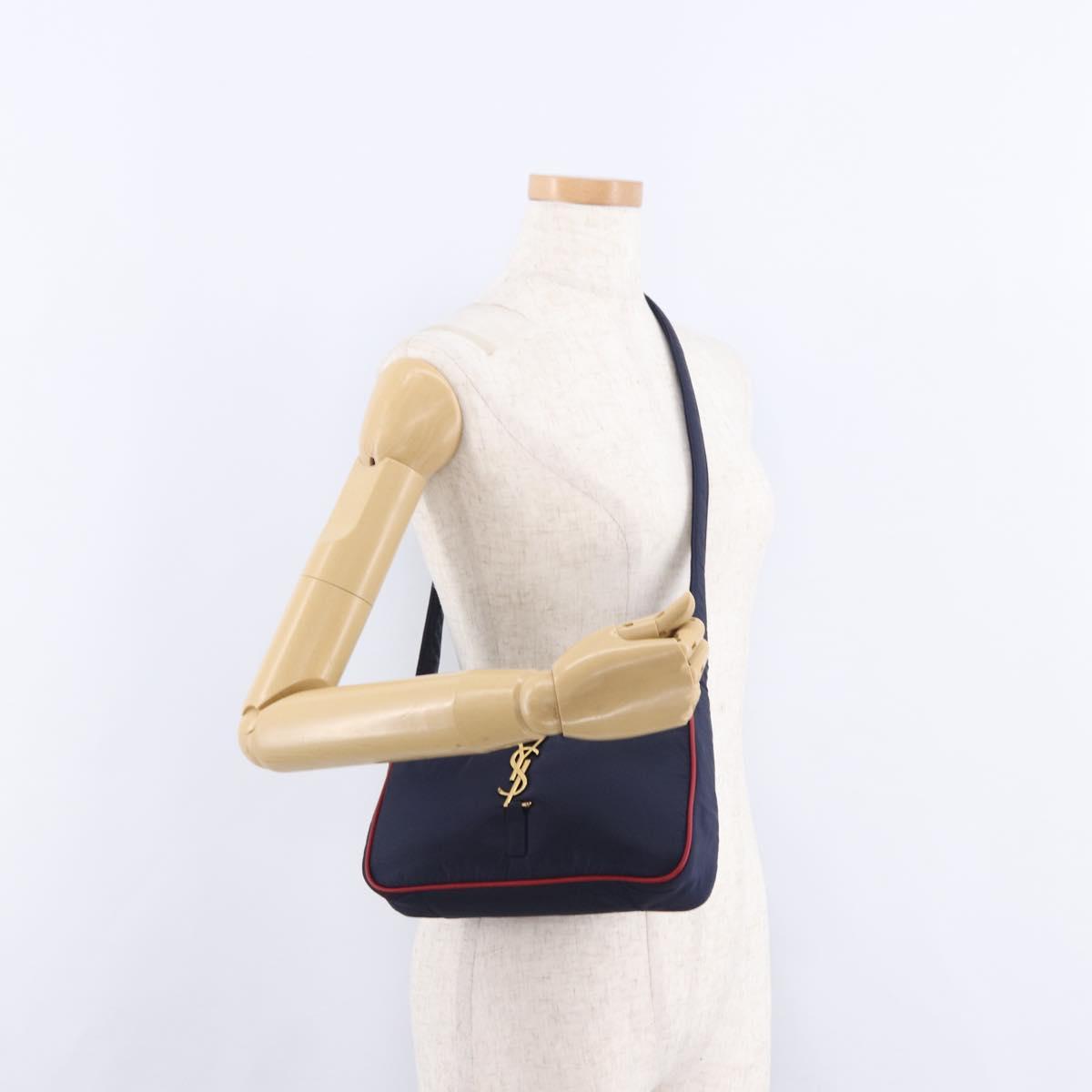 SAINT LAURENT Shoulder Bag Nylon Navy Gold Tone 733294 Auth ka5349M