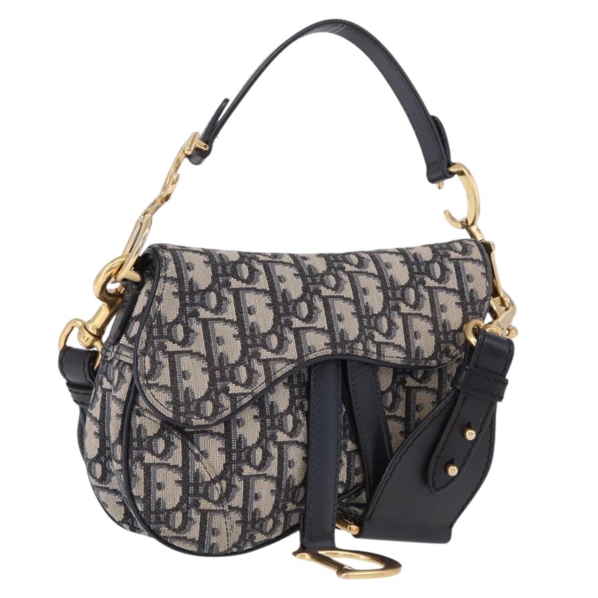 Christian Dior Trotter Saddle Hand Bag 2way Navy Gold Tone Auth ka5351M