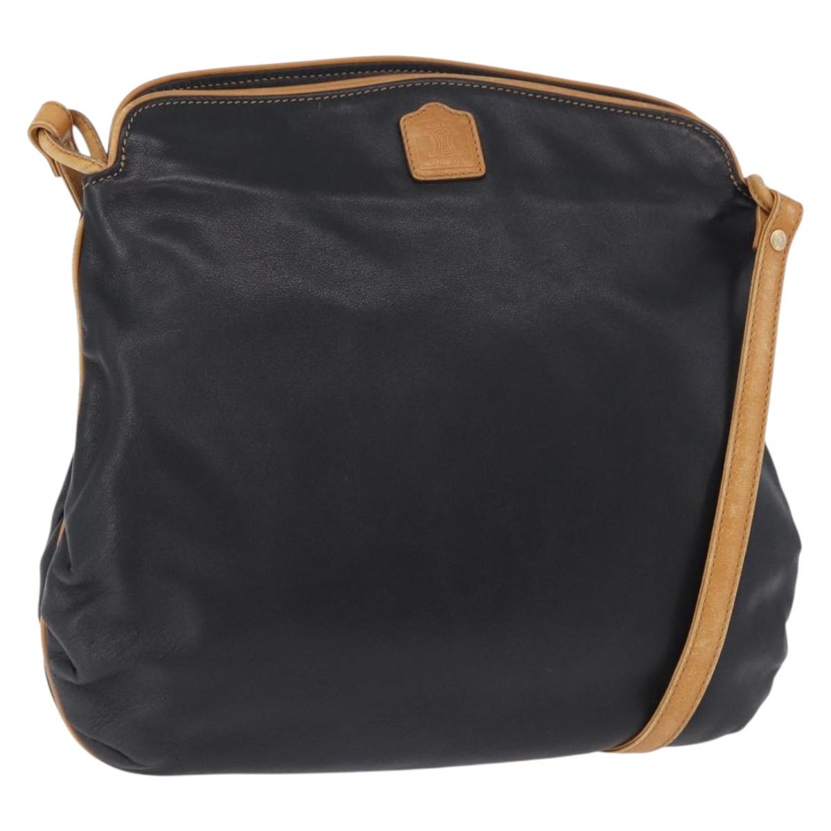 CELINE Shoulder Bag Leather Black Beige Auth ka5358