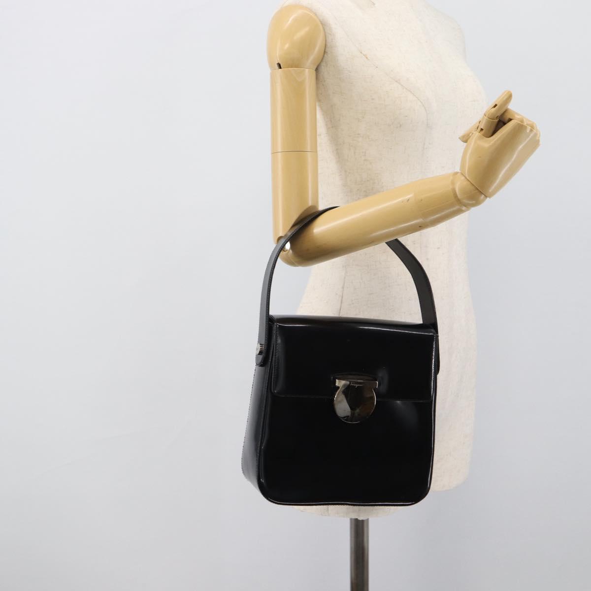 Salvatore Ferragamo Patent Hand Bag Black Silver Auth ka5372