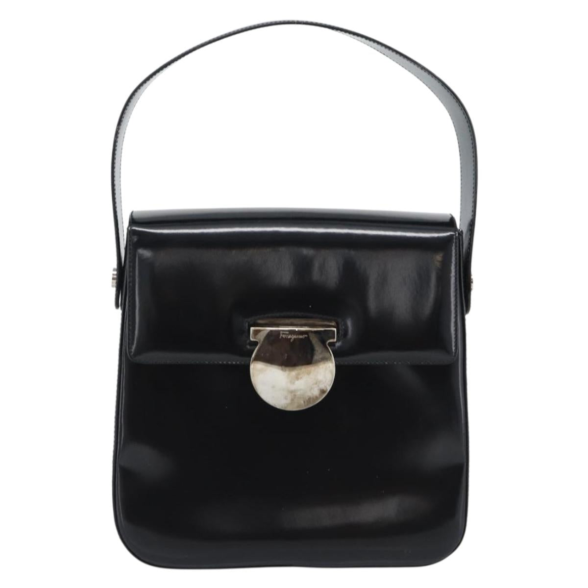 Salvatore Ferragamo Patent Hand Bag Black Silver Auth ka5372