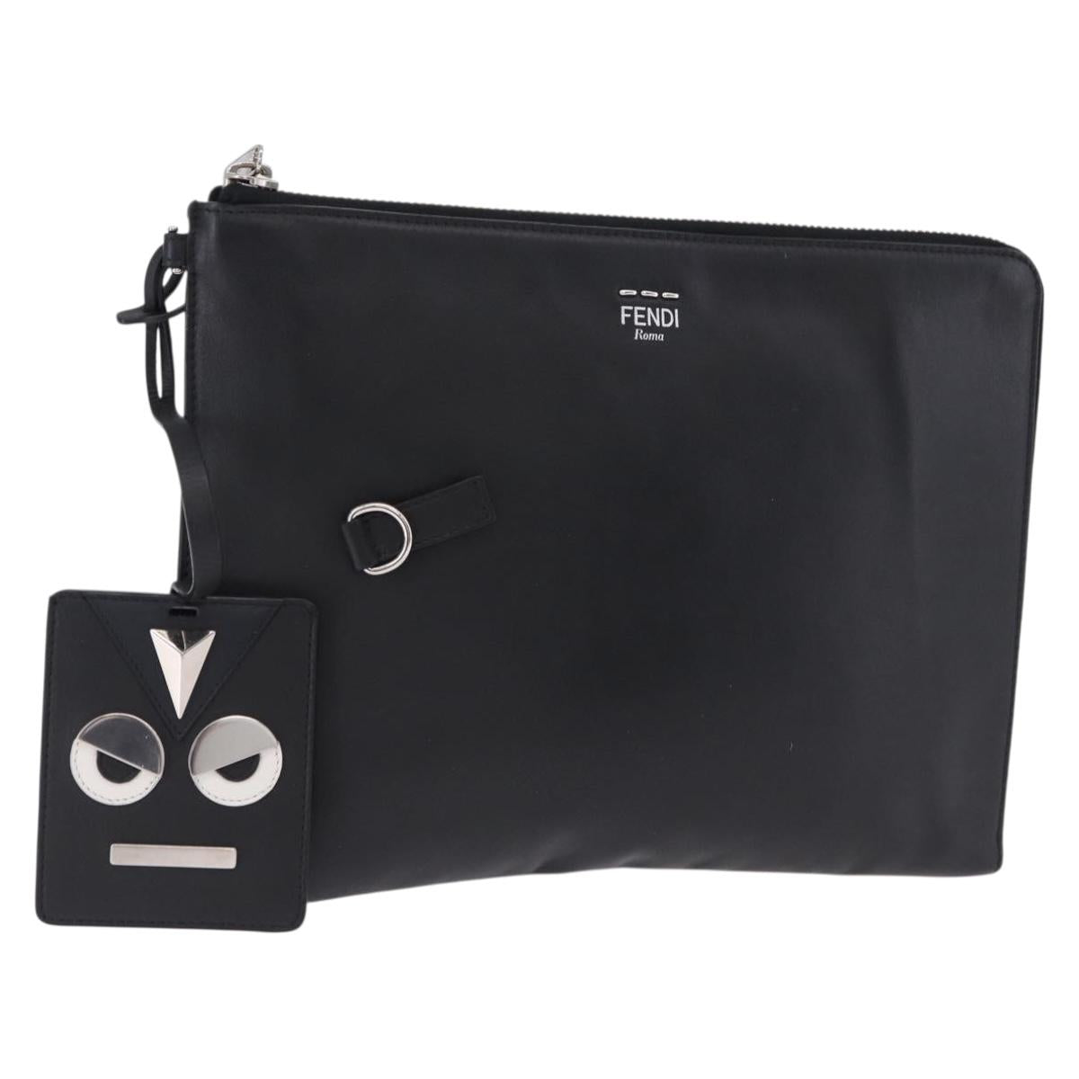 FENDI Clutch Bag Leather Black Silver 7M0225 Auth ka5375V