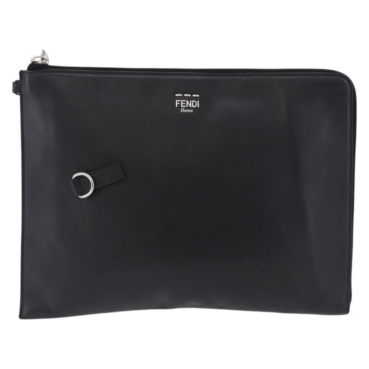 FENDI Clutch Bag Leather Black Silver 7M0225 Auth ka5375V