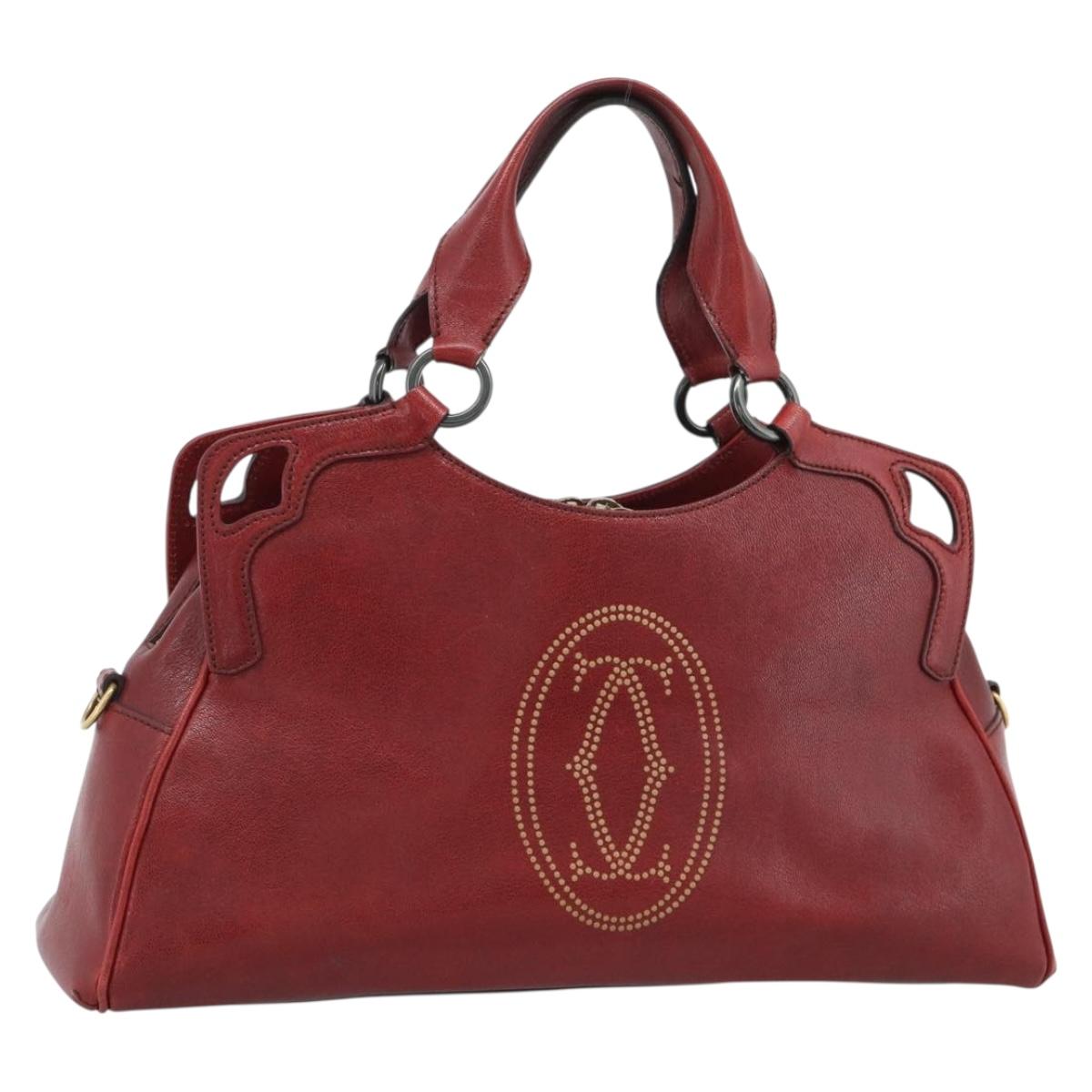 CARTIER Marcello Hand Bag Leather Red Gold Tone Auth ka5383A