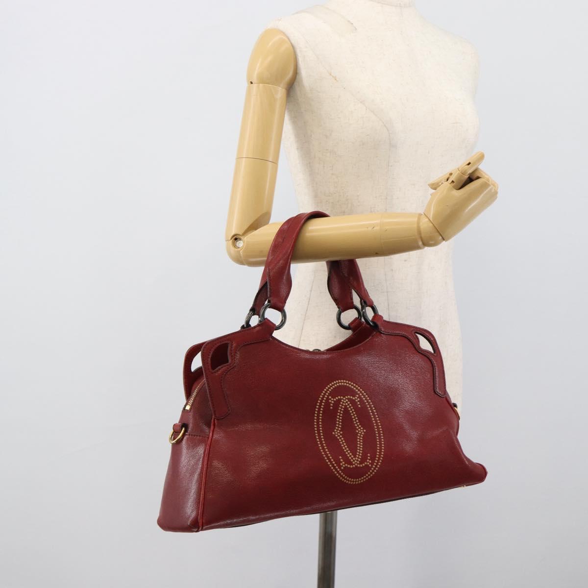 CARTIER Marcello Hand Bag Leather Red Gold Tone Auth ka5383A