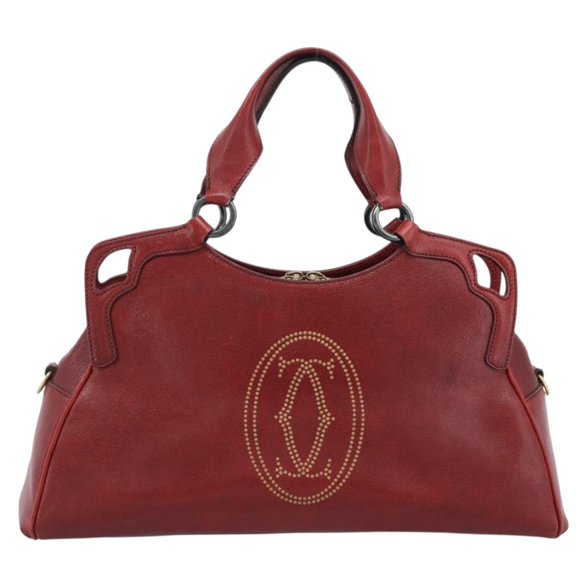 CARTIER Marcello Hand Bag Leather Red Gold Tone Auth ka5383A