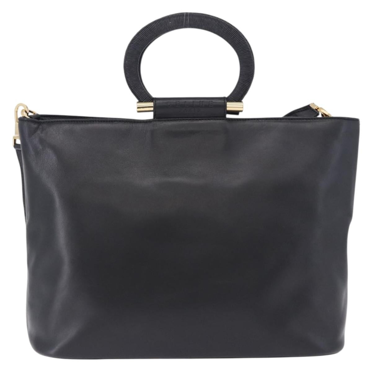 CELINE Hand Bag Leather 2way Black Gold Tone Auth ka5384V
