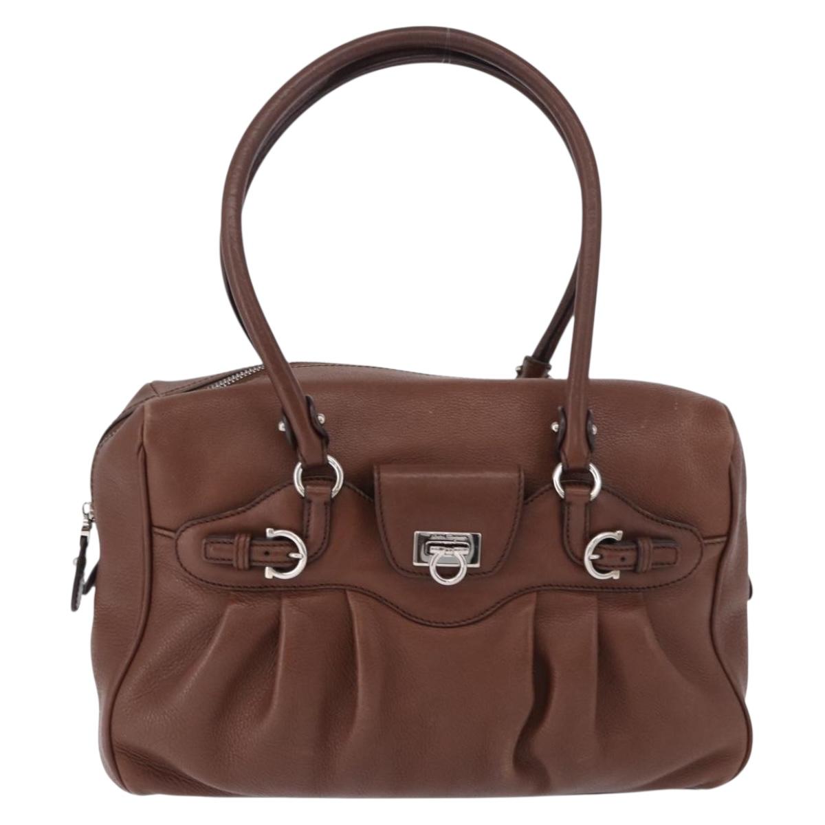 Salvatore Ferragamo Gancini Hand Bag Leather Brown Silver Auth ka5385A