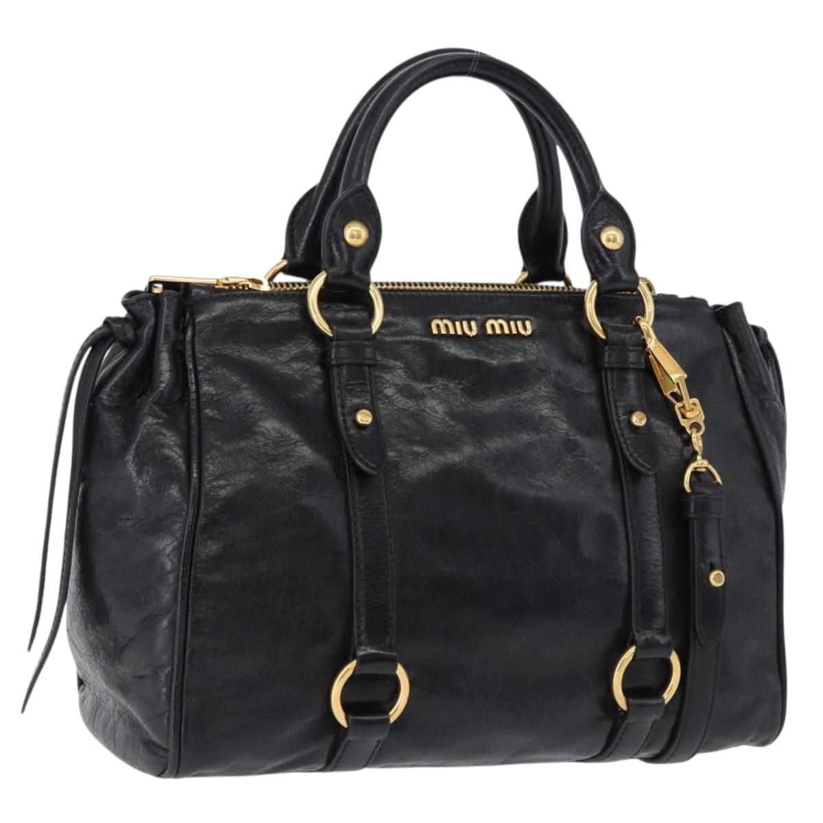 Miu Miu Hand Bag Leather 2way Black Gold Tone Auth ka5386M