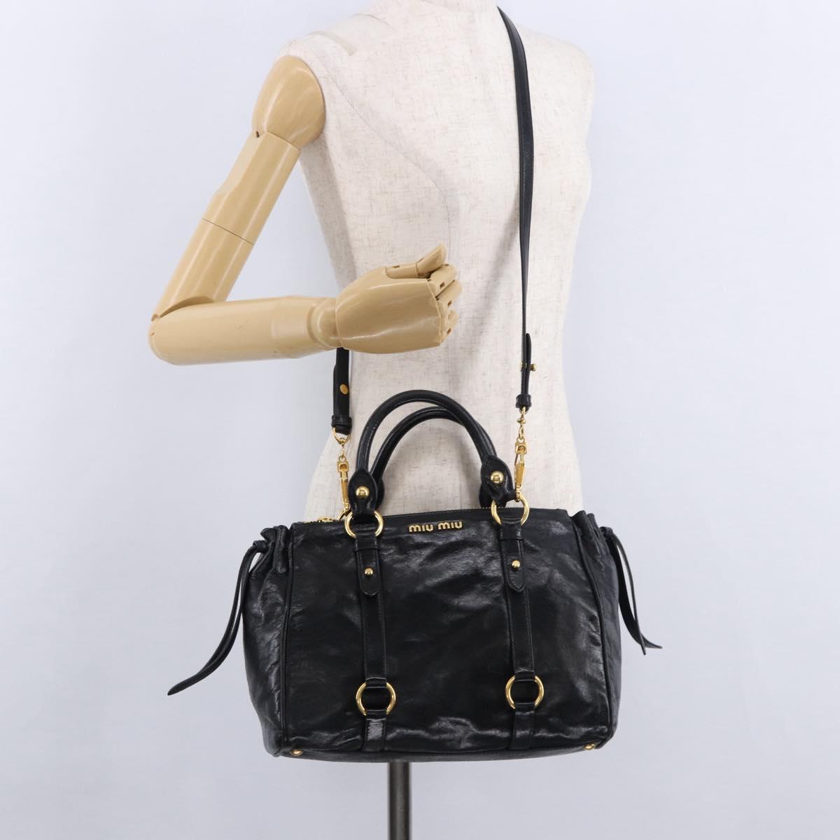 Miu Miu Hand Bag Leather 2way Black Gold Tone Auth ka5386M