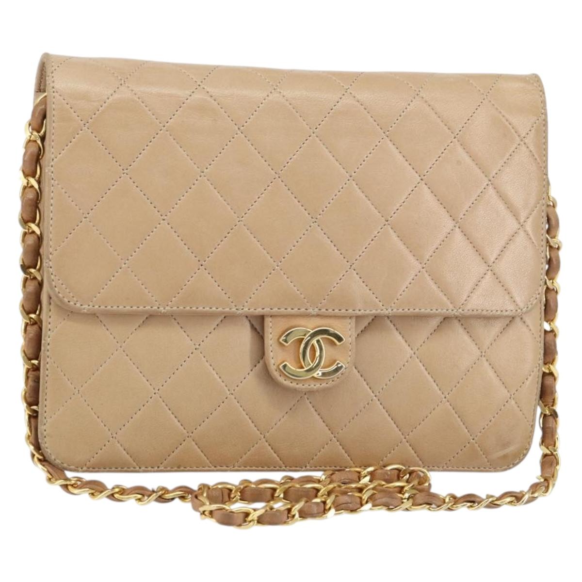 CHANEL Matelasse Chain Shoulder Bag Lamb Skin Beige Gold CC Auth ka539