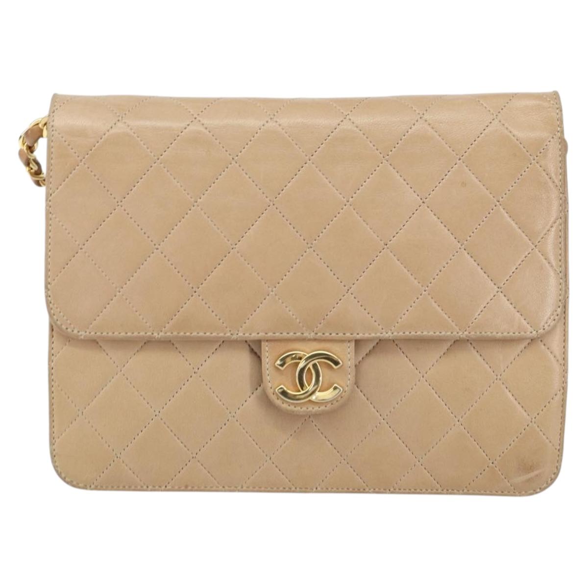 CHANEL Matelasse Chain Shoulder Bag Lamb Skin Beige Gold CC Auth ka539