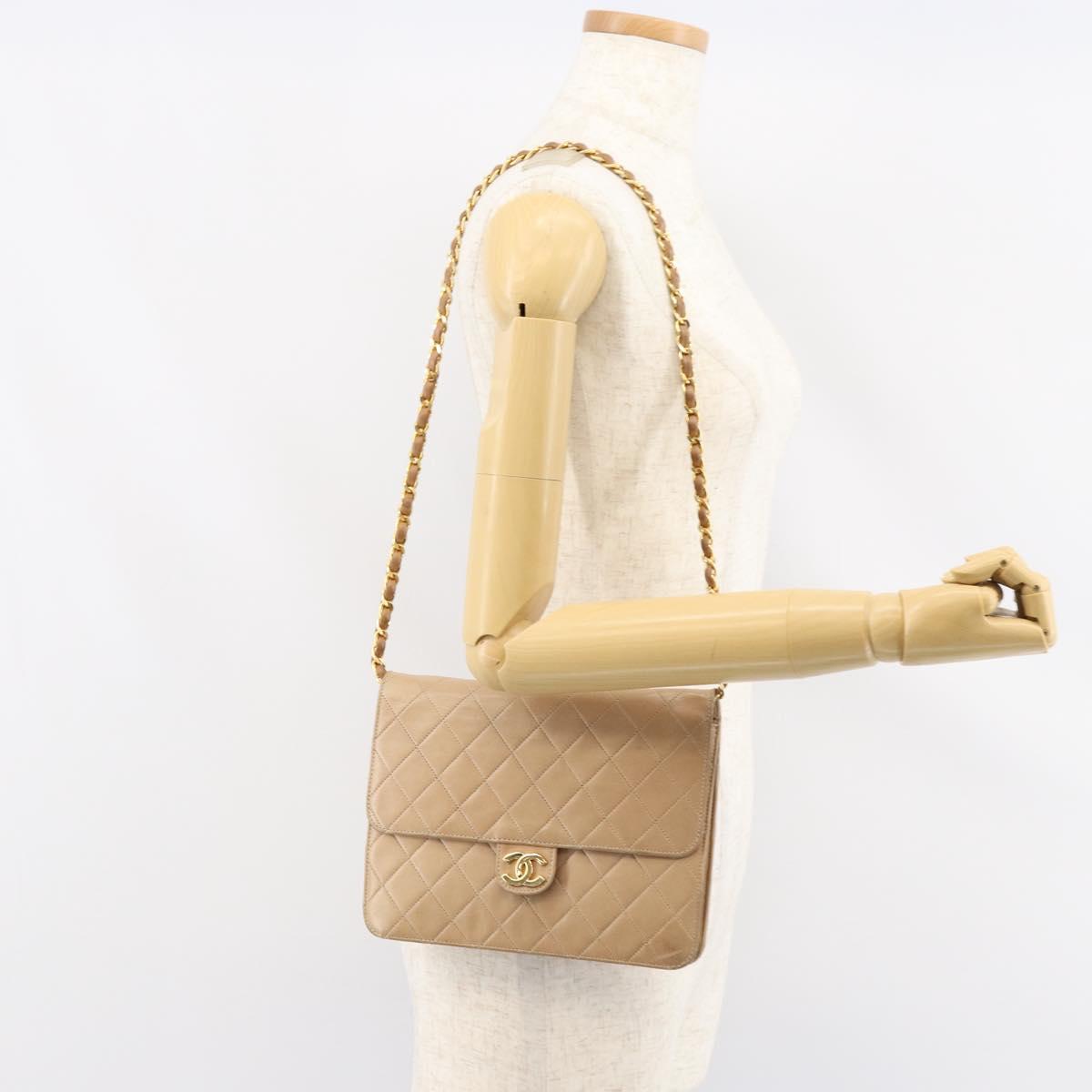CHANEL Matelasse Chain Shoulder Bag Lamb Skin Beige Gold CC Auth ka539