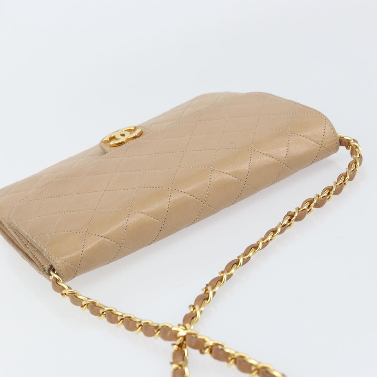 CHANEL Matelasse Chain Shoulder Bag Lamb Skin Beige Gold CC Auth ka539