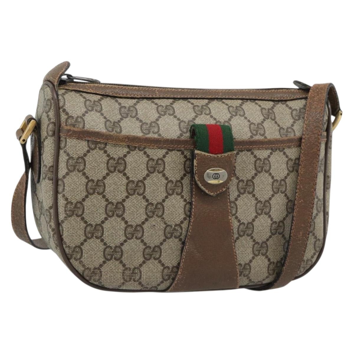 GUCCI GG Supreme Web Sherry Line Shoulder Bag PVC Leather Beige Gold Auth ka5390