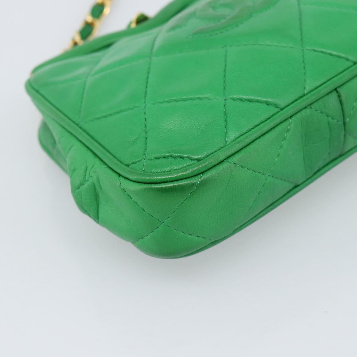 CHANEL COCO Mark Matelasse Chain Shoulder Bag Lamb Skin Green Gold Auth ka5394V