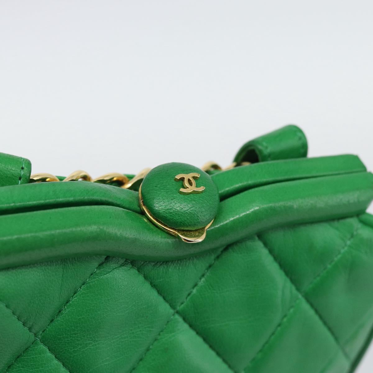 CHANEL COCO Mark Matelasse Chain Shoulder Bag Lamb Skin Green Gold Auth ka5394V