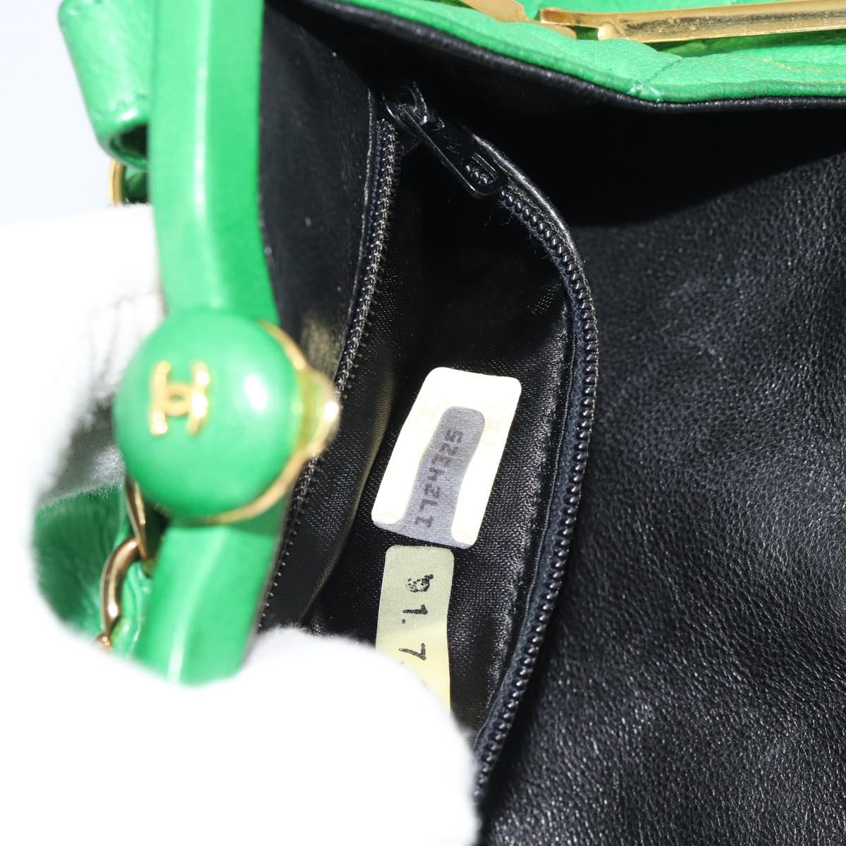 CHANEL COCO Mark Matelasse Chain Shoulder Bag Lamb Skin Green Gold Auth ka5394V