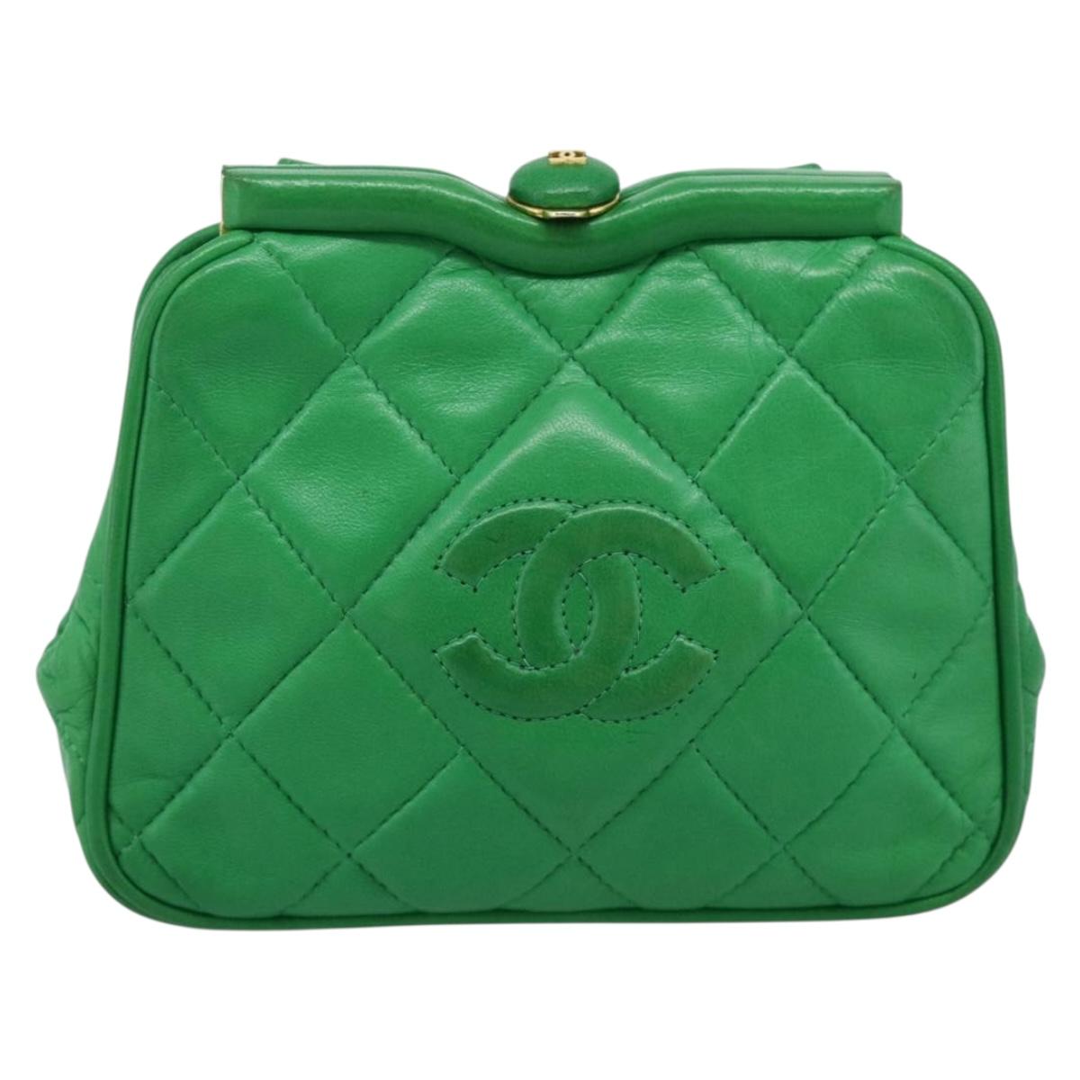 CHANEL COCO Mark Matelasse Chain Shoulder Bag Lamb Skin Green Gold Auth ka5394V
