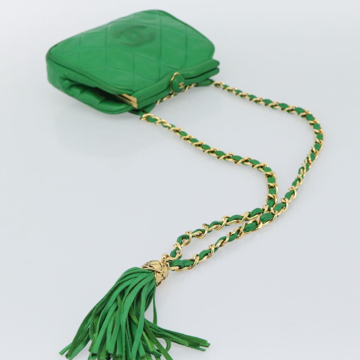 CHANEL COCO Mark Matelasse Chain Shoulder Bag Lamb Skin Green Gold Auth ka5394V