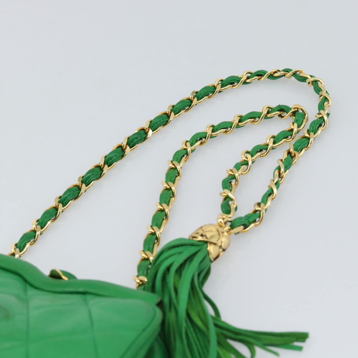 CHANEL COCO Mark Matelasse Chain Shoulder Bag Lamb Skin Green Gold Auth ka5394V