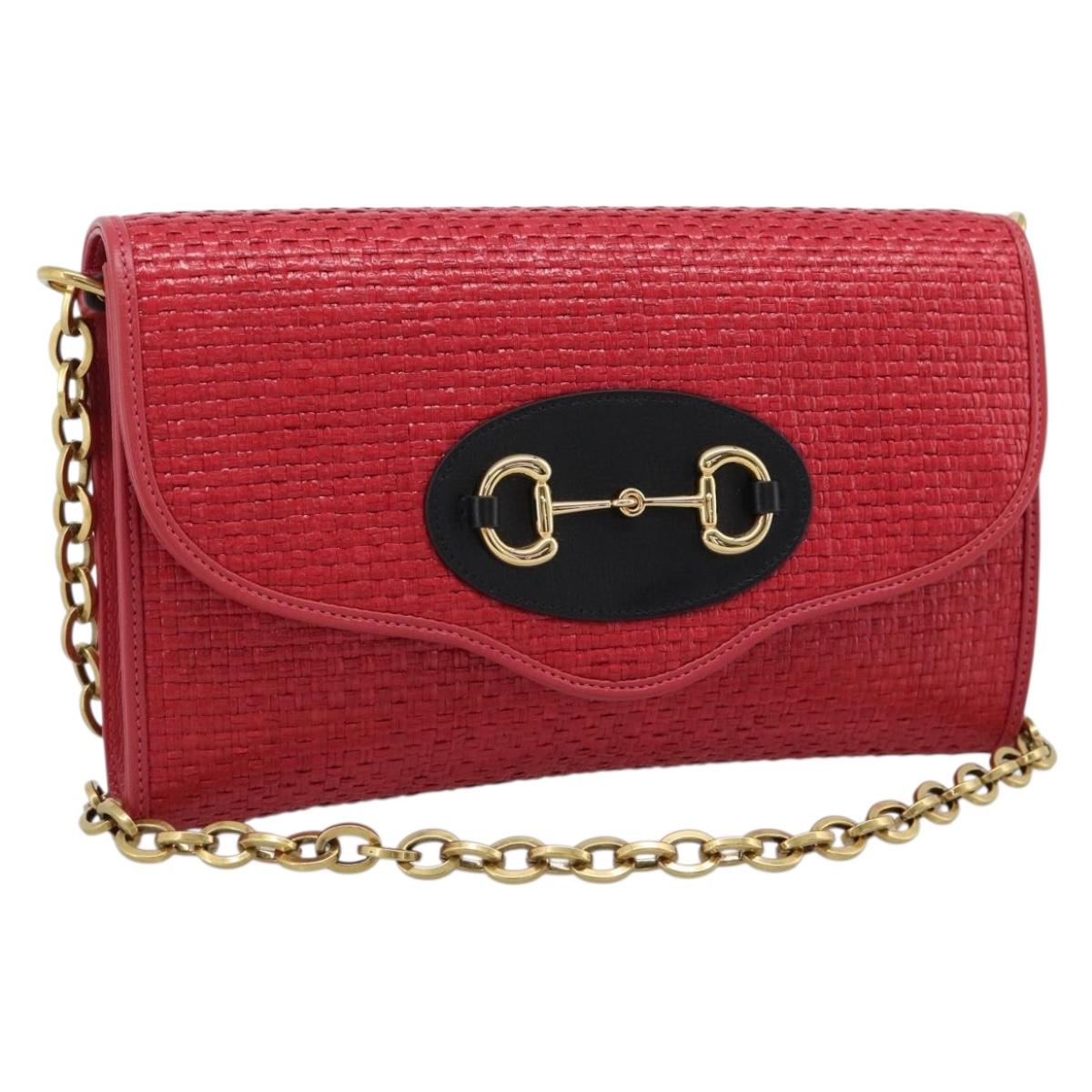 GUCCI Horsebit Chain Shoulder Bag Leather Red Gold Tone 655667 Auth ka5396V