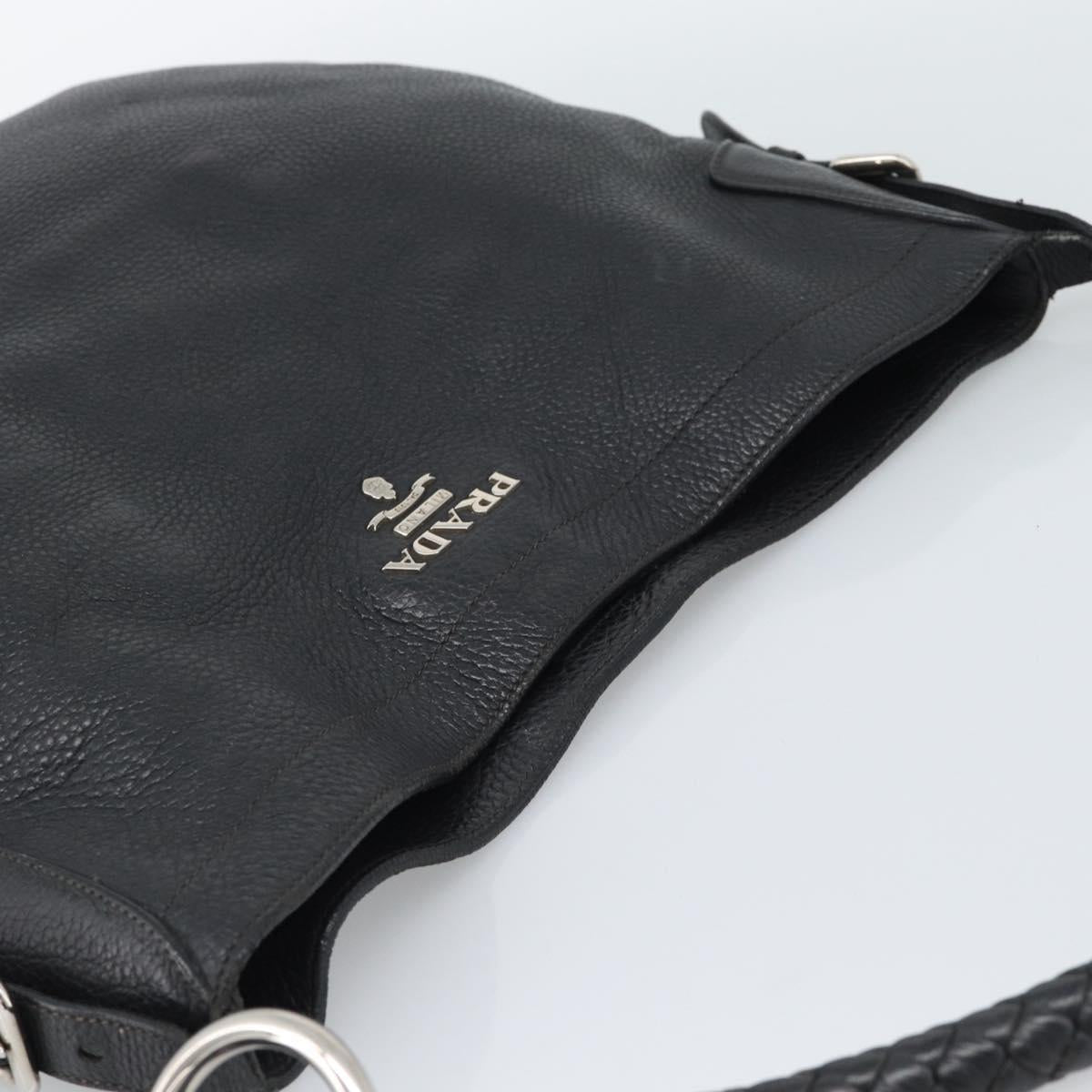 PRADA Shoulder Bag Leather Black Silver Auth ka5401V