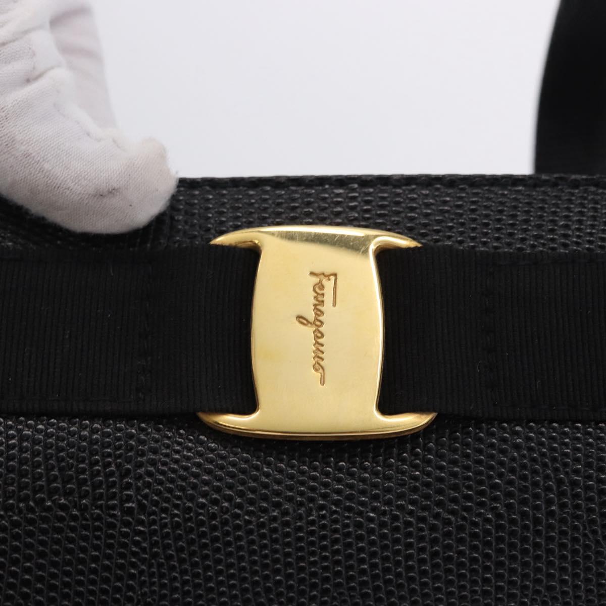Salvatore Ferragamo Vala Ribbon Tote Bag Leather Black Gold Tone Auth ka5406A