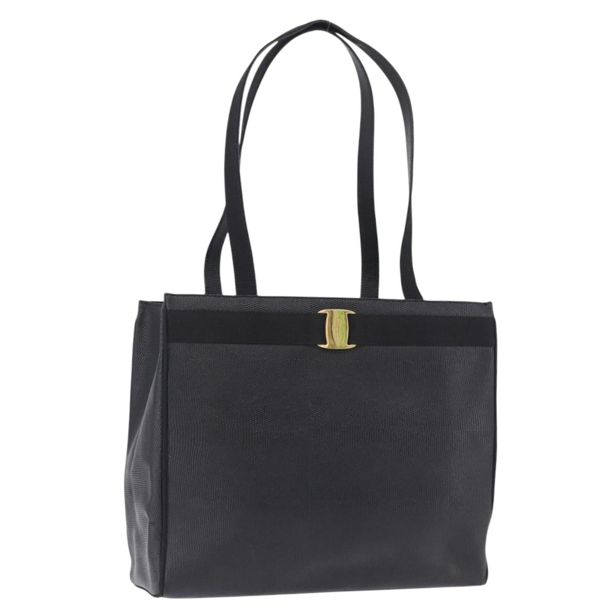 Salvatore Ferragamo Vala Ribbon Tote Bag Leather Black Gold Tone Auth ka5406A