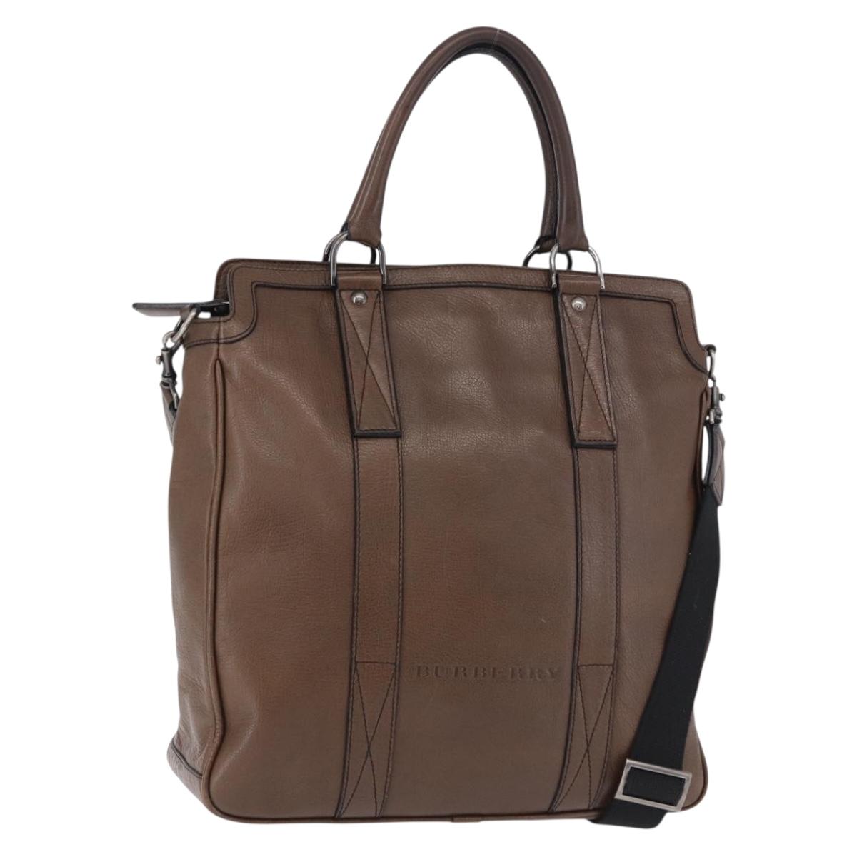 BURBERRY Tote Bag Leather 2way Brown Silver Auth ka5407