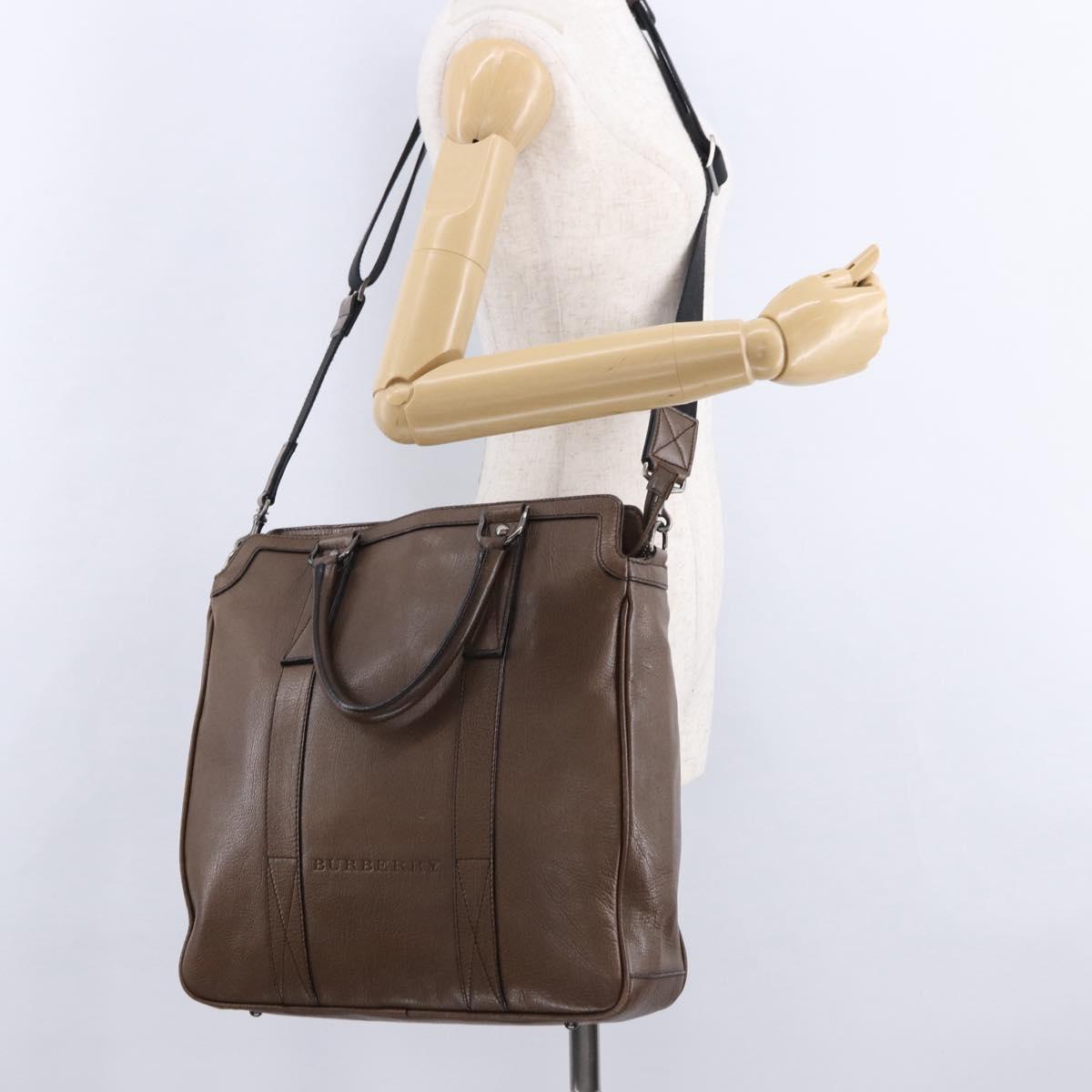 BURBERRY Tote Bag Leather 2way Brown Silver Auth ka5407