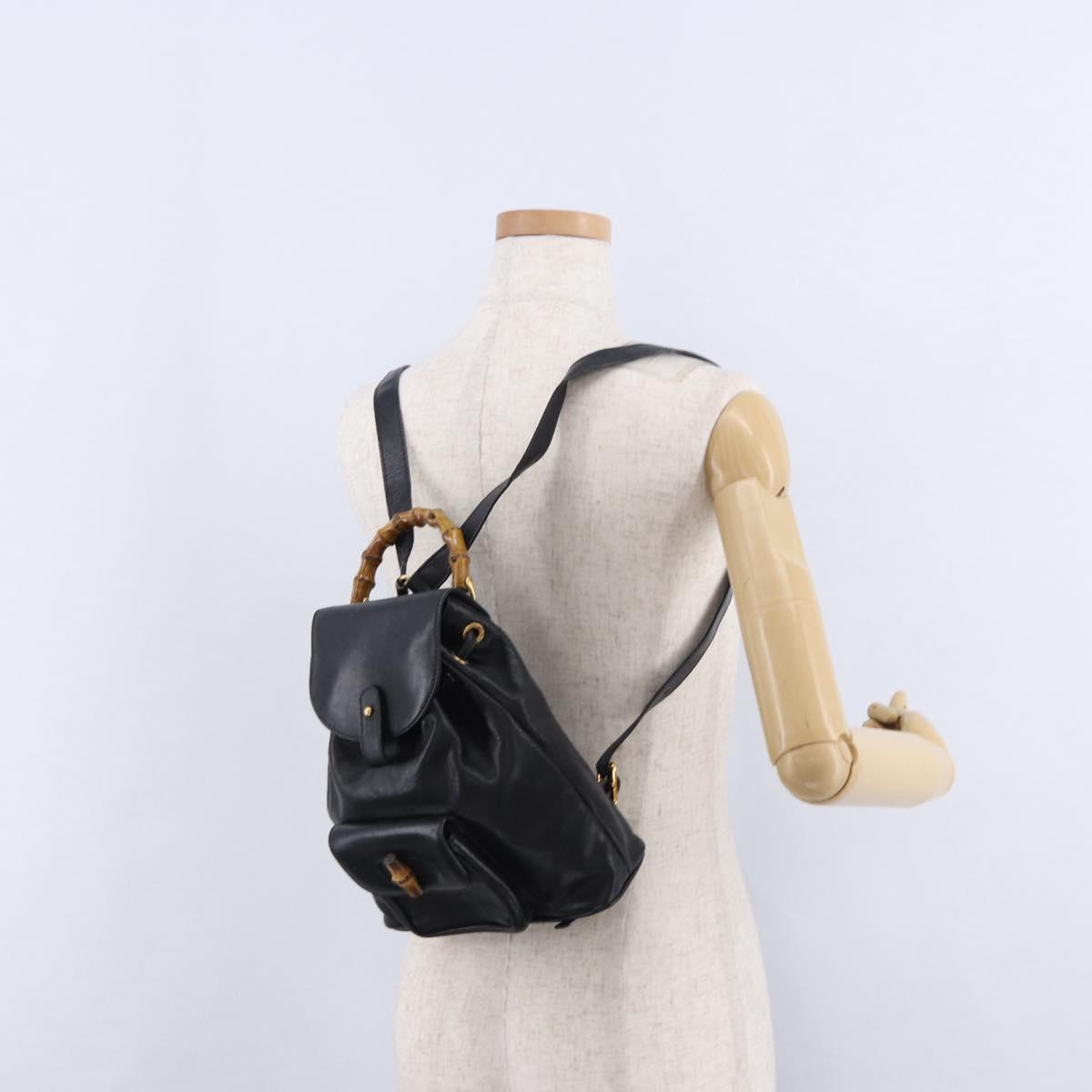 GUCCI Bamboo Backpack Leather Black Gold Tone 003 1705 0030 Auth ka5411A